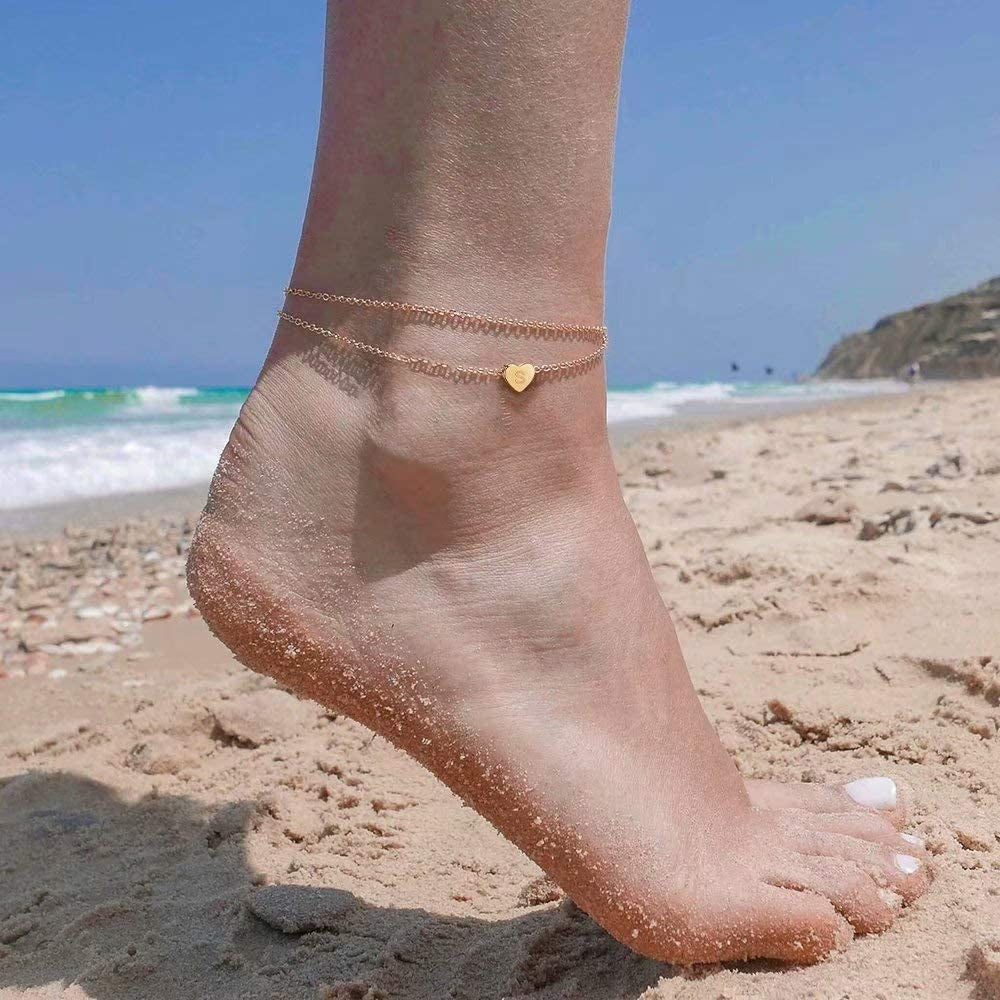 Turandoss Heart Initial Ankle Bracelets for Women, 14K Gold Filled Handmade Dainty Layered Anklet Letter Initial Heart Ankle Bracelets for Women Beach Jewelry Gifts Apparel & Accessories > Jewelry > Anklets Turandoss   