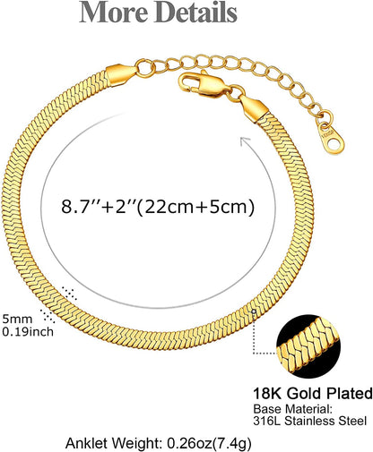 FOCALOOK 18K Gold Plated Flat Snake Chain Link Dainty Ankle Bracelets for Women, Boho Summer Beach Anklet Adjustable Foot Jewelry (4 Colors) Apparel & Accessories > Jewelry > Anklets FOCALOOK JEWELRY   