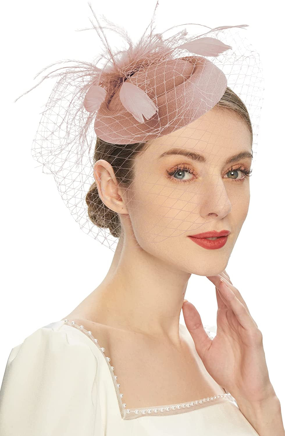 Fascinators Hats 20S 50S Hat Pillbox Hat Cocktail Tea Party Headwear with Veil for Girls and Women Apparel & Accessories > Clothing Accessories > Headwear Cizoe B-blush Pink  