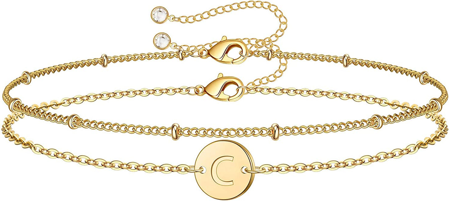 MONOZO Gold Initial Bracelets for Women, Dainty 14K Gold Filled Layered Beaded Letter Initial Bracelet Personalized 26 Alphabet Disc Monogram Charm Bracelet Jewelry Gifts for Girls Apparel & Accessories > Jewelry > Bracelets MONOZO C  