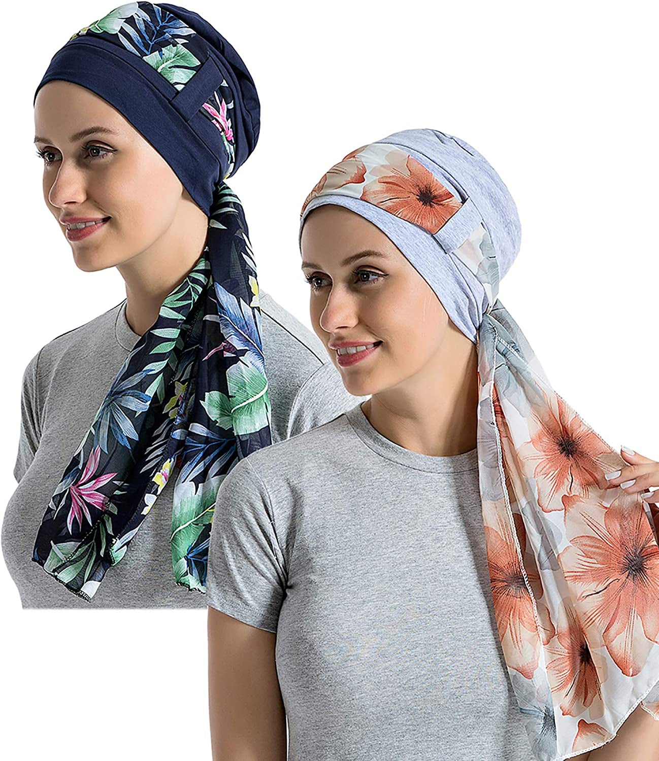 Bamboo Cotton Liner Chemo Headwear for Womenwith Silky Scarfs for Cancer Hair Loss Sleep Caps Beanie Apparel & Accessories > Clothing Accessories > Headwear JarseHera Navy Blue+gray,2 Pair One Size 