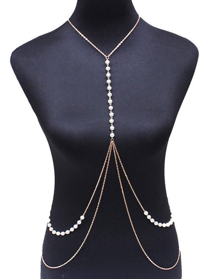 Cosydays Boho Pearl Body Chain Gold Layered Chest Chains Necklace Belly Chain Beach Bikini Chains Waist Nightclub Body Chain Jewelry for Women and Girls Apparel & Accessories > Jewelry > Body Jewelry COSYDAYS   