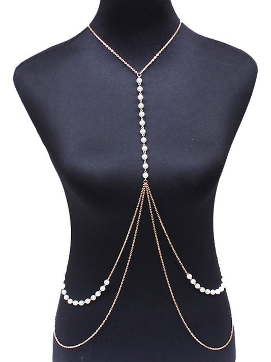 Cosydays Boho Pearl Body Chain Gold Layered Chest Chains Necklace Belly Chain Beach Bikini Chains Waist Nightclub Body Chain Jewelry for Women and Girls Apparel & Accessories > Jewelry > Body Jewelry COSYDAYS   