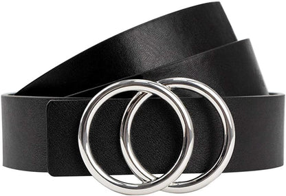 Women Leather Belt for Jeans Dress Waist Belts with Double Ring Buckle by LOKLIK Apparel & Accessories > Clothing Accessories > Belts LOKLIK Black Sliver Buckle XS(0-2)fit for waist 26''-31'' 