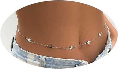 Simple Belly Chain for Women and Girls Gold Silver Star Waist Chain Beach Bikini Body Jewelry Adjustable 68-93Cm Apparel & Accessories > Jewelry > Body Jewelry MIFYNN silver  