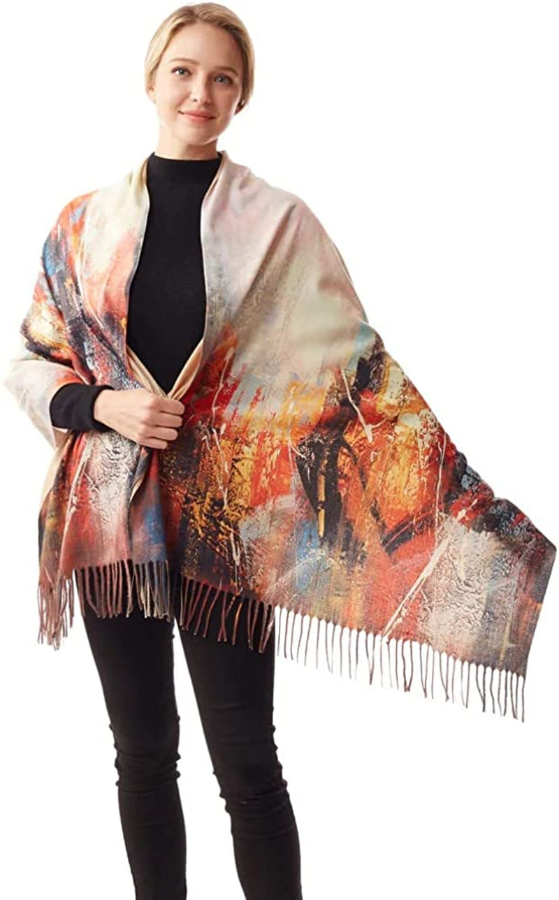 Plum Feathers Super Soft Cashmere Feel Double Sided Reversible Art Shawl Scarf Van Gogh Monet Klimt Inspired Apparel & Accessories > Clothing Accessories > Scarves & Shawls Plum Feathers Abstract Fall Forest  
