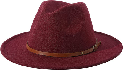 Lanzom Women Lady Felt Fedora Hat Wide Brim Wool Panama Hats with Band Apparel & Accessories > Clothing Accessories > Hats Lanzom E-wine Red  