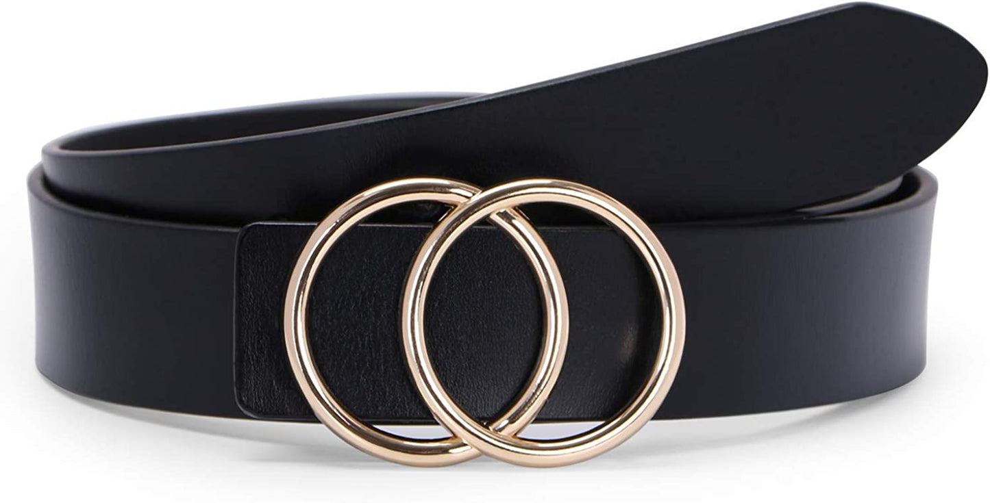 Women Leather Belt Fashion Double O-Ring Soft Faux Leather Waist Belts for Jeans Dress Apparel & Accessories > Clothing Accessories > Belts SUOSDEY H-black/Gold Removable Buckle XL: 41''-45'' Waist Size 