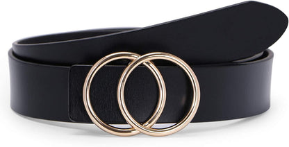 Women Leather Belt Fashion Double O-Ring Soft Faux Leather Waist Belts for Jeans Dress Apparel & Accessories > Clothing Accessories > Belts SUOSDEY H-black/Gold Removable Buckle XL: 41''-45'' Waist Size 