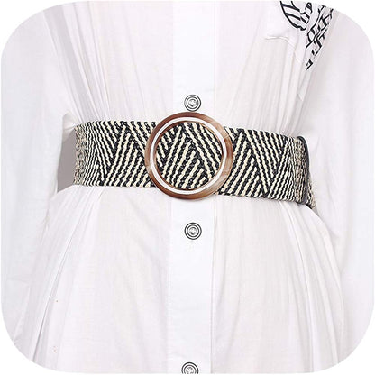 Women Skinny Dress Belt, Fashion Straw Woven Elastic Stretch Waist Band Wood Buckle Belt Apparel & Accessories > Clothing Accessories > Belts YUCFOREN Type 4-black Khaki Waist below 39" 