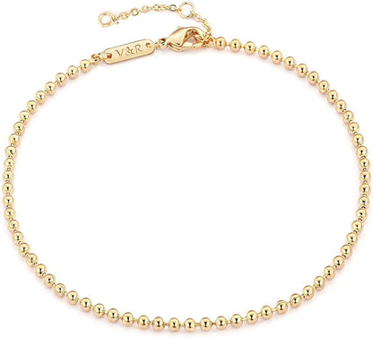 Valloey Rover Women Handmade Dainty Anklet Silver 14K Gold Plated Bead Boho Beach Rhinestone Foot Chain Adjustable Ankle Bracelet for Women Apparel & Accessories > Jewelry > Anklets Valloey Rover Small Ball Beads  