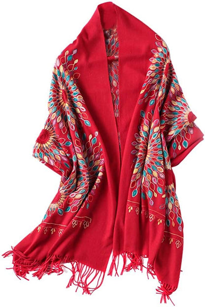 Women'S Embroidered Oversize Tassel Shawl Scarf Wraps for Women Apparel & Accessories > Clothing Accessories > Scarves & Shawls Urban CoCo Red  