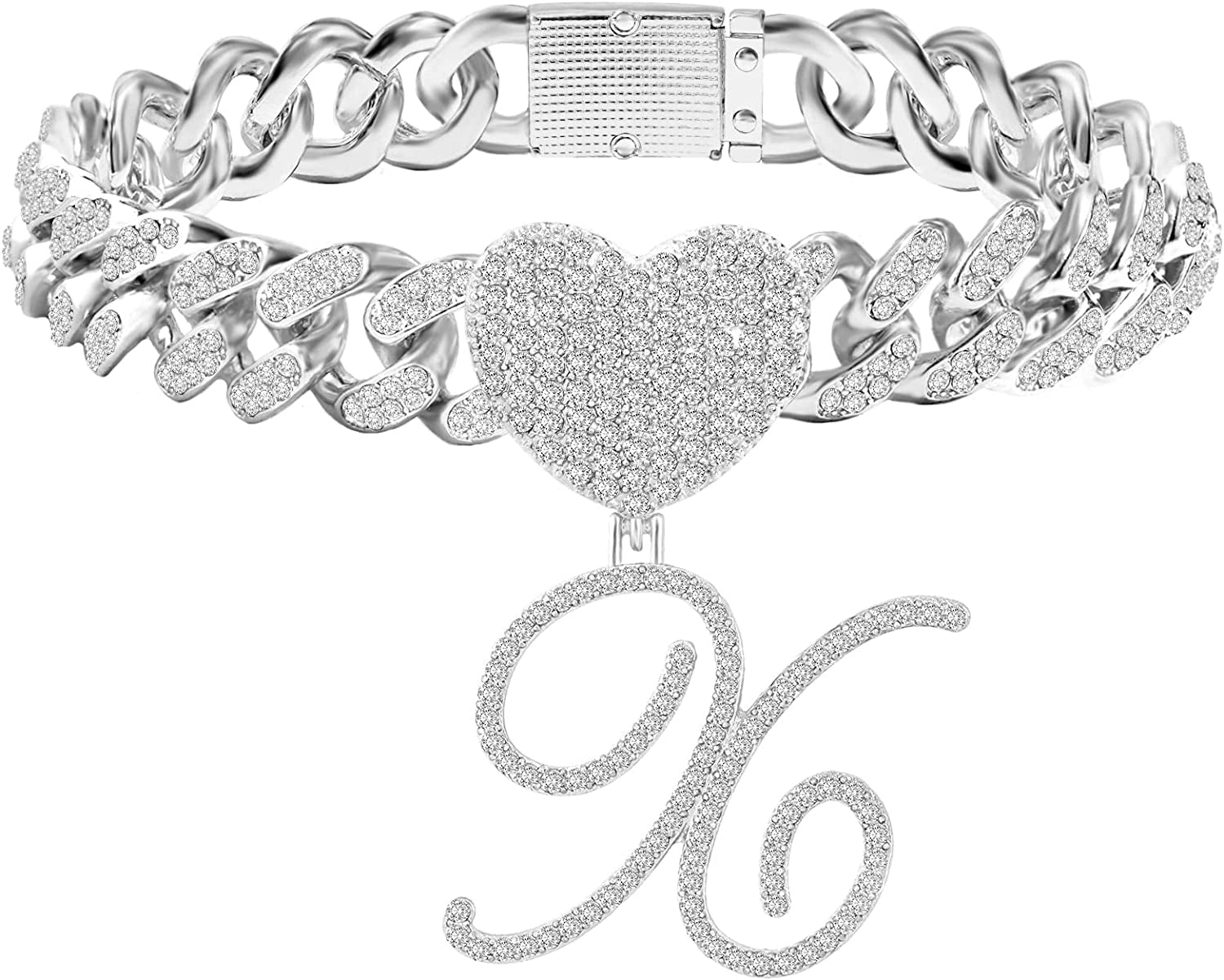 KKJTDS 13Mm Silver Cuban Link Anklets for Women Cursive Pendant Miami Cuban Link Chain Ankle Bracelets for Women Hip Hop Iced Out Letter Chain Anklet Apparel & Accessories > Jewelry > Anklets KKJTDS X  