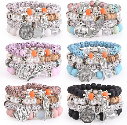 Bohemian Bracelet Sets for Women - 6 Sets Stackable Stretch Bracelets Multi-Color Boho Jewelry for Women Hippie Bracelets Dainty Jewelry Best Friend Gift Apparel & Accessories > Jewelry > Bracelets VONRU Multilayer Stretch Bracelets  