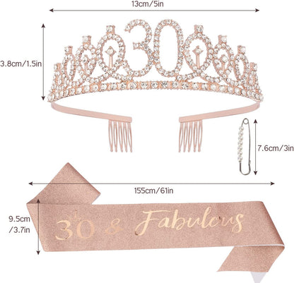 CAVETEE Rose Gold 30 & Fabulous Birthday Sash and Crown 30Th Birthday Tiaras and Sash Set for Women Birthday Decorations Birthday Queen Crowns Tiaras for Women Apparel & Accessories > Clothing Accessories > Sashes CAVETEE   
