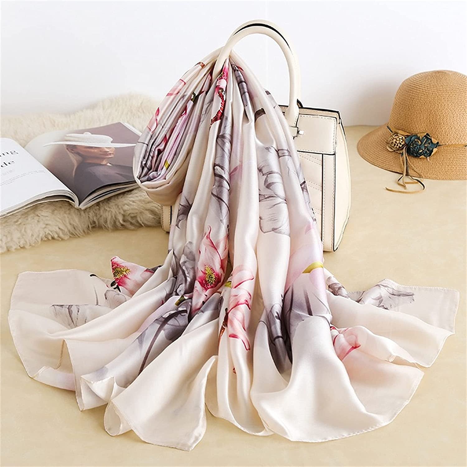 Silk Scarf Women Chiffon Shawl Stain Neckerchief Head Wrap Lightweight Scarf Ladies Hijab Vintage Painting Bridal Shawl Chiffon Scarf Muslim Colorful Cloth Silk Scarf White180*90Cm Apparel & Accessories > Clothing Accessories > Scarves & Shawls WEIGEER   