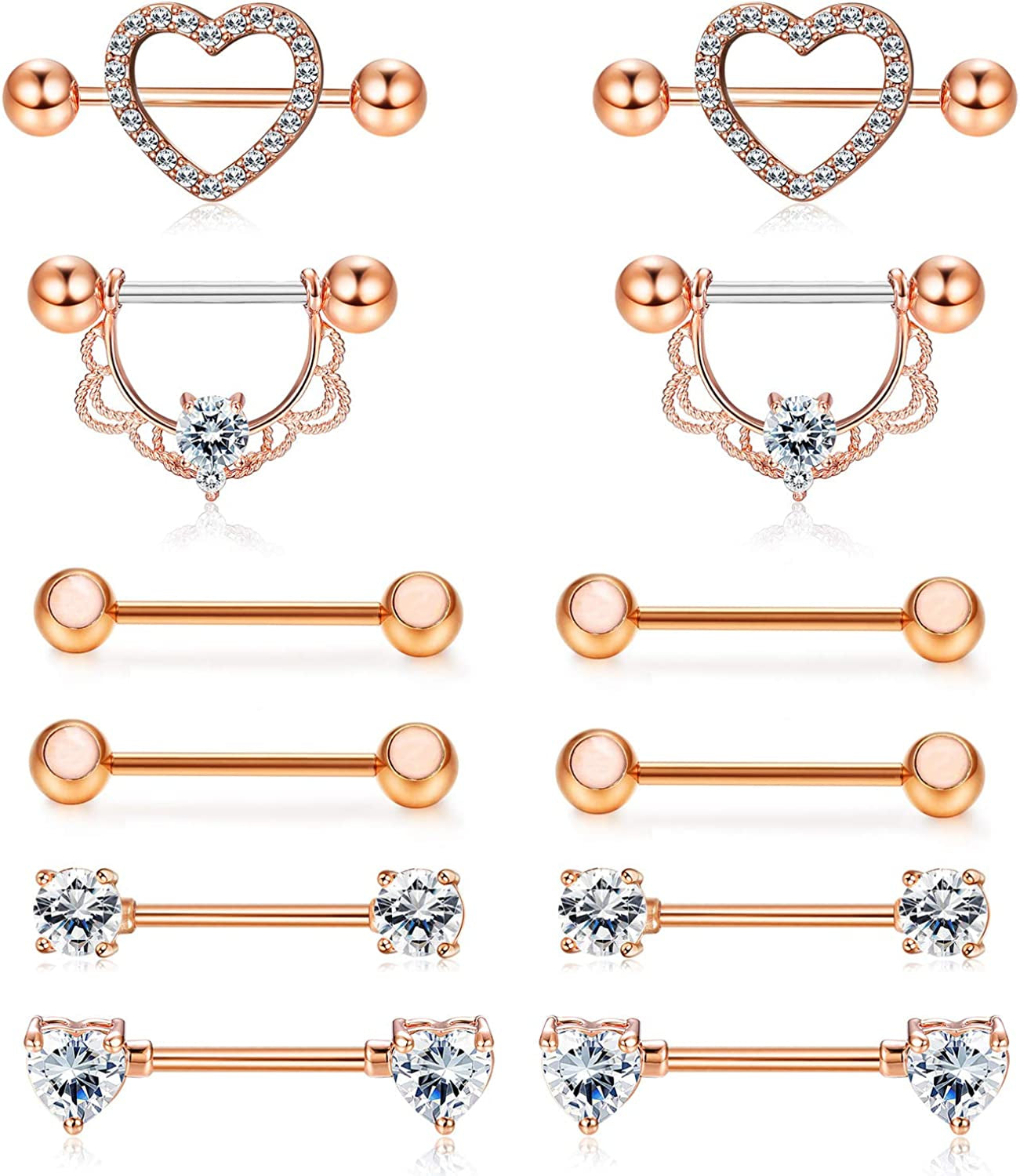 FINREZIO 6-8 Pairs 14G Nipple Rings 316L Surgical Steel Heart CZ Tongue Barbell Body Piercing Shield Ring Set 5/8 Inches Apparel & Accessories > Jewelry > Body Jewelry FINREZIO ROSE GOLD  