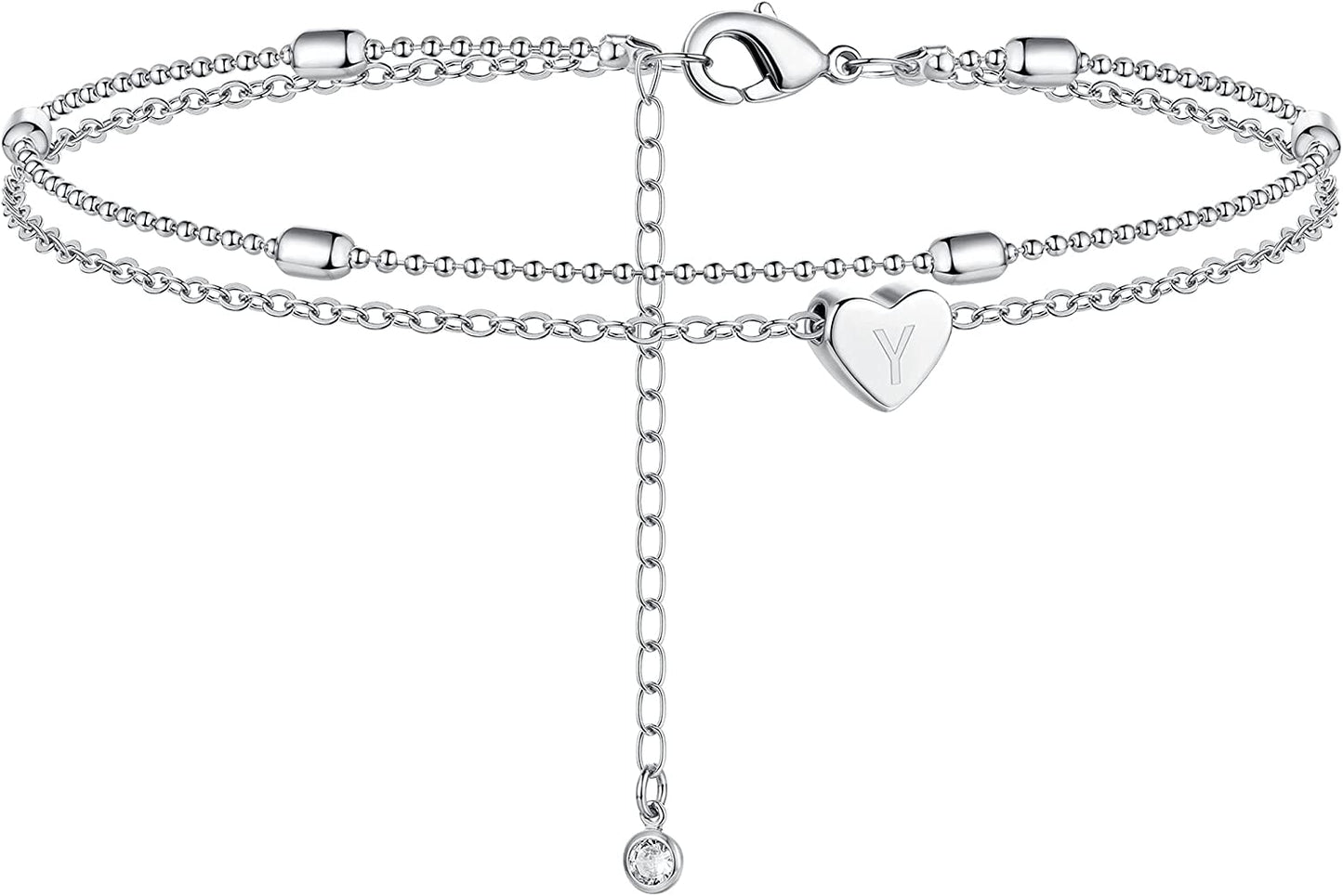 Moodear Silver Ankle Bracelets for Women, Sterling Silver Initial Anklet Layered Dainty Tiny Heart Charm Handmade Carved Alphabet A-Z Letter Ankle Bracelet Beaded Foot Chain Personalized Name Anklets Summer Cute Boho Beach Gift for Her Apparel & Accessories > Jewelry > Anklets Moodear Sterling Silver-Y  