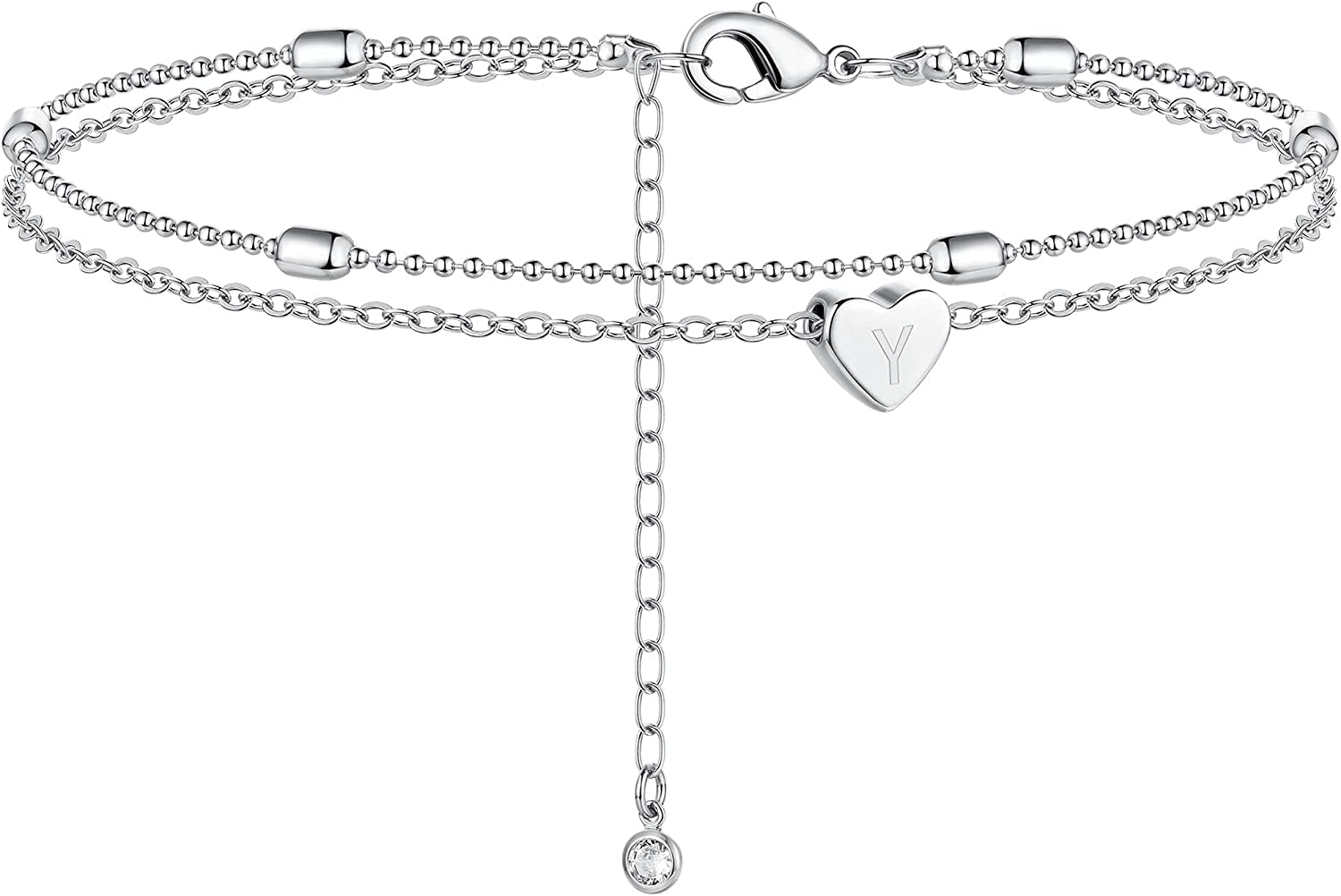 Moodear Silver Ankle Bracelets for Women, Sterling Silver Initial Anklet Layered Dainty Tiny Heart Charm Handmade Carved Alphabet A-Z Letter Ankle Bracelet Beaded Foot Chain Personalized Name Anklets Summer Cute Boho Beach Gift for Her Apparel & Accessories > Jewelry > Anklets Moodear Sterling Silver-Y  
