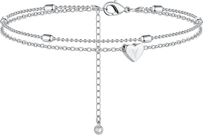 Moodear Silver Ankle Bracelets for Women, Sterling Silver Initial Anklet Layered Dainty Tiny Heart Charm Handmade Carved Alphabet A-Z Letter Ankle Bracelet Beaded Foot Chain Personalized Name Anklets Summer Cute Boho Beach Gift for Her Apparel & Accessories > Jewelry > Anklets Moodear Sterling Silver-Y  