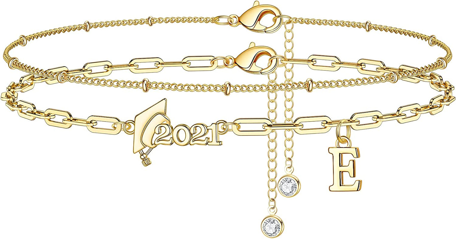 Graduation Gifts for Her 2022 Ankle Bracelets, 14K Gold Plated Inspirational Layering Initial Ankle Bracelets College Graduation Gifts for Her Him Layered Gold Anklets for Women Friendship Gifts Apparel & Accessories > Jewelry > Anklets Yoosteel E  