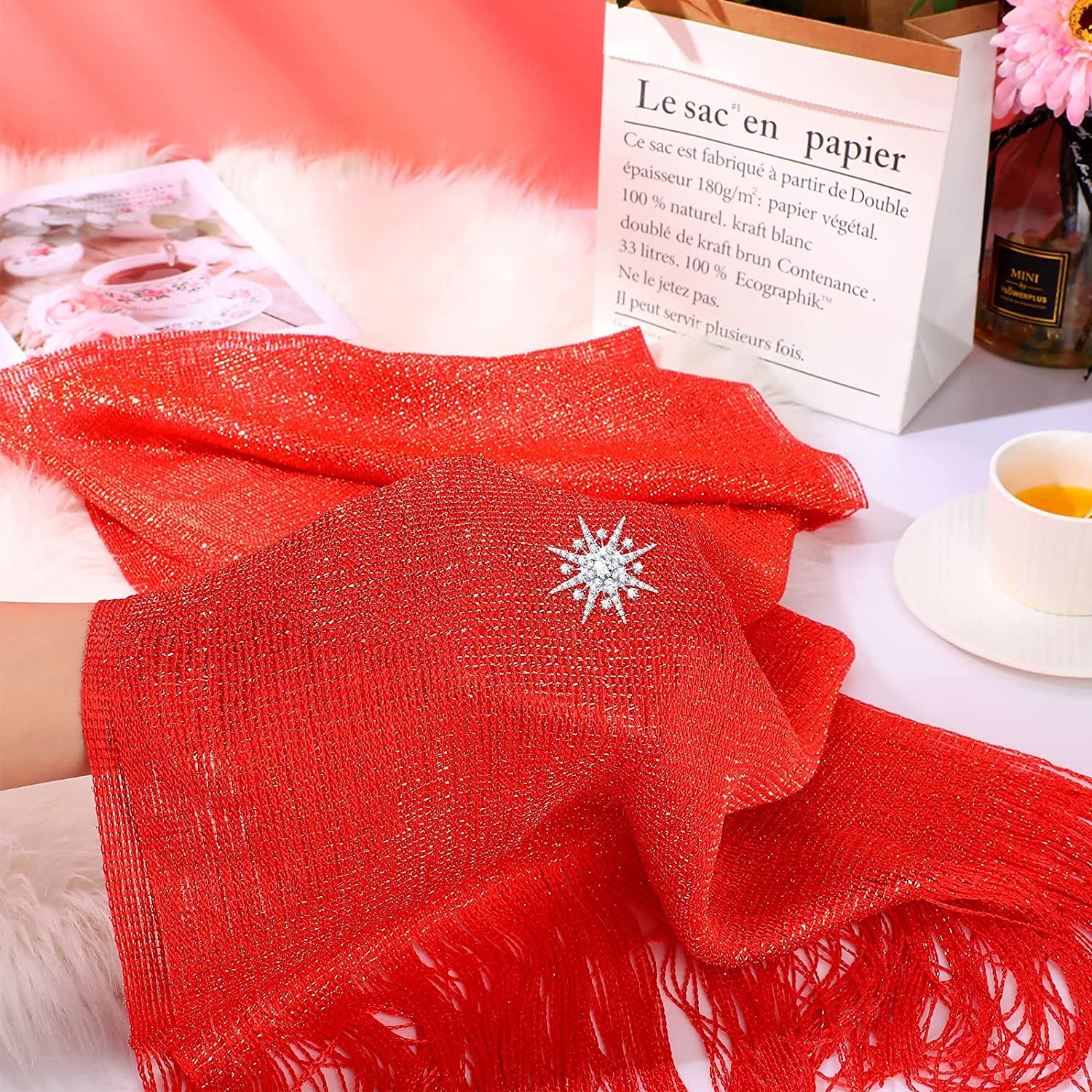 Metallic Shimmering Shawls and Wraps with Snowflake Scarf Clip for Evening Dress Apparel & Accessories > Clothing Accessories > Scarves & Shawls SATINIOR   
