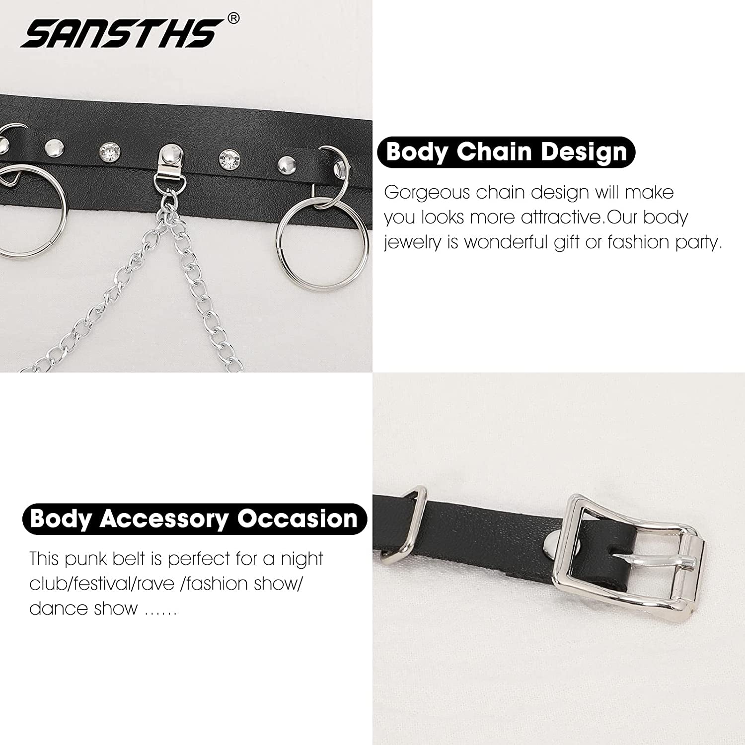 Punk Black Waist Chain Belt，Sansths 7 Layered Belly Body Chains Stylish Waist Belt Body Jewelry for Women and Girls (B-Black) Apparel & Accessories > Jewelry > Body Jewelry SANSTHS   