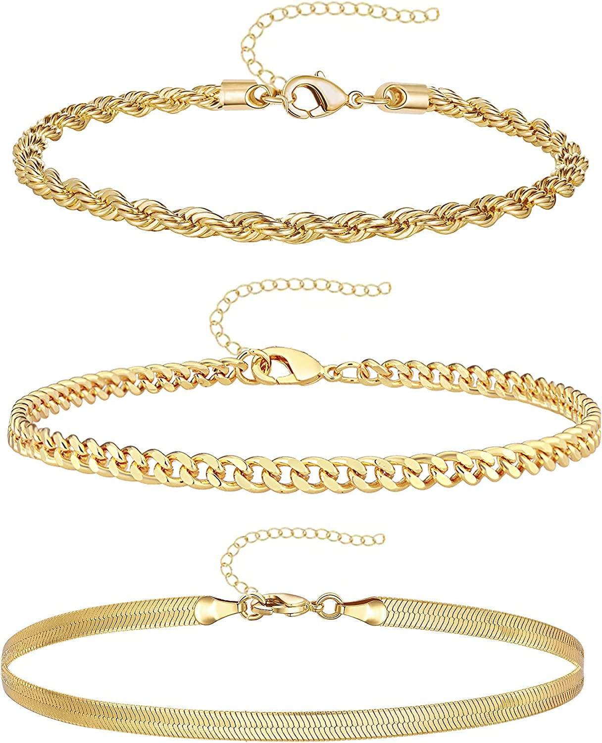 Reoxvo Dainty Gold Chain Bracelets Set for Women 14K Real Gold Plated Link Chain Bracelets for Women Trendy Gold Stackable Bracelets for Women Adjustable 7"+2" Apparel & Accessories > Jewelry > Bracelets Reoxvo Style 07  