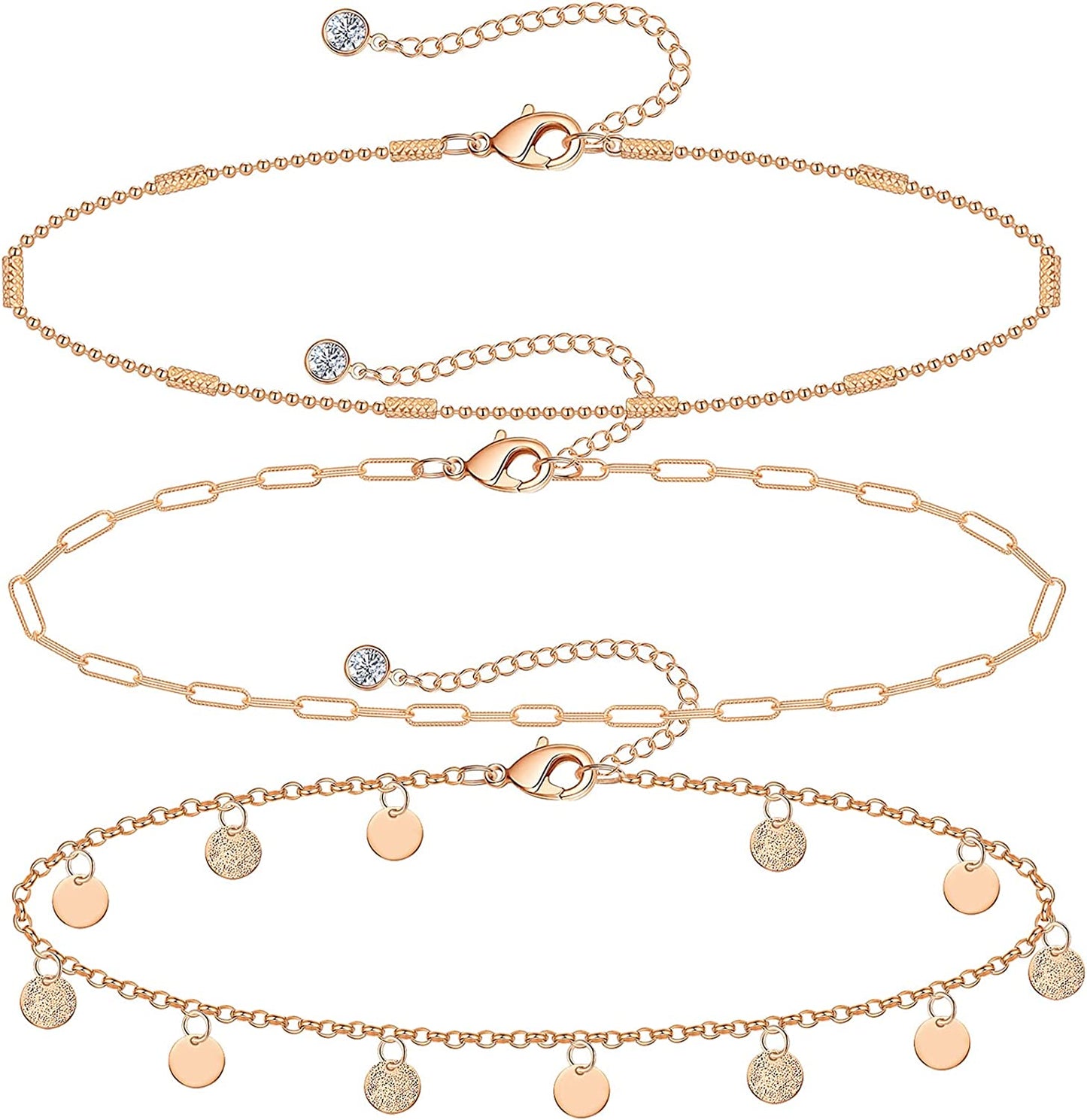 Gold Ankle Bracelets for Women 14K Gold Plated Anklet Silver Tennis Butterfly Star Coin Quartz Bead Snake Paperclip Chain Dainty Layered Anklet Set 3Pcs Jewelry Gifts for Teen Girls Apparel & Accessories > Jewelry > Anklets Vermeyen M-Rose Gold-Coin  