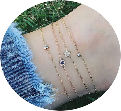 Pencros Dainty Layered Anklet,14K Gold Filled Cute Beads Satellite Chain Heart Boho Adjustable Anklets for Women Teen Girls Apparel & Accessories > Jewelry > Anklets Pencros Evil Eye-CZ  