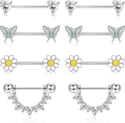 FINREZIO 4Pairs 14G Nipple Rings 316L Surgical Steel Flower Nipple Tongue Ring Barbell Piercing for Women Body Piercing Jewelry Apparel & Accessories > Jewelry > Body Jewelry FINREZIO Silver tone  