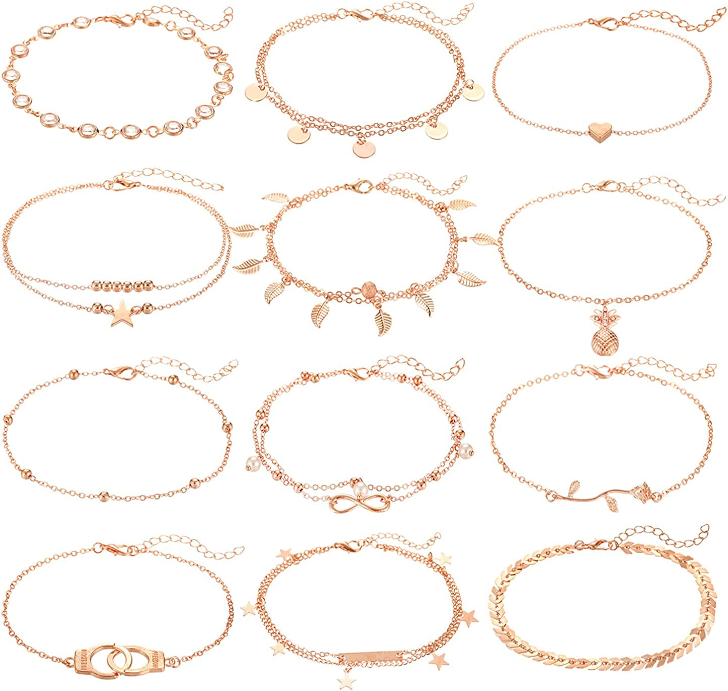 FUNEIA 12/16Pcs Anklets for Women Silver Gold Ankle Bracelets Set Boho Layered Beach Adjustable Chain Anklet Foot Jewelry Apparel & Accessories > Jewelry > Anklets Anlsen D:12Pcs Rose Gold  