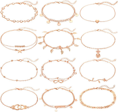 FUNEIA 12/16Pcs Anklets for Women Silver Gold Ankle Bracelets Set Boho Layered Beach Adjustable Chain Anklet Foot Jewelry Apparel & Accessories > Jewelry > Anklets Anlsen D:12Pcs Rose Gold  