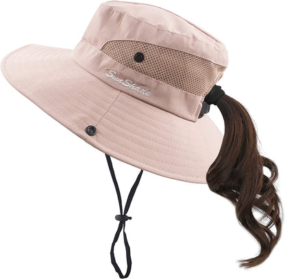 Muryobao Women'S Ponytail Sun Hat UV Protection Foldable Mesh Wide Brim Beach Fishing Hat Apparel & Accessories > Clothing Accessories > Hats Muryobao Pure Pink  