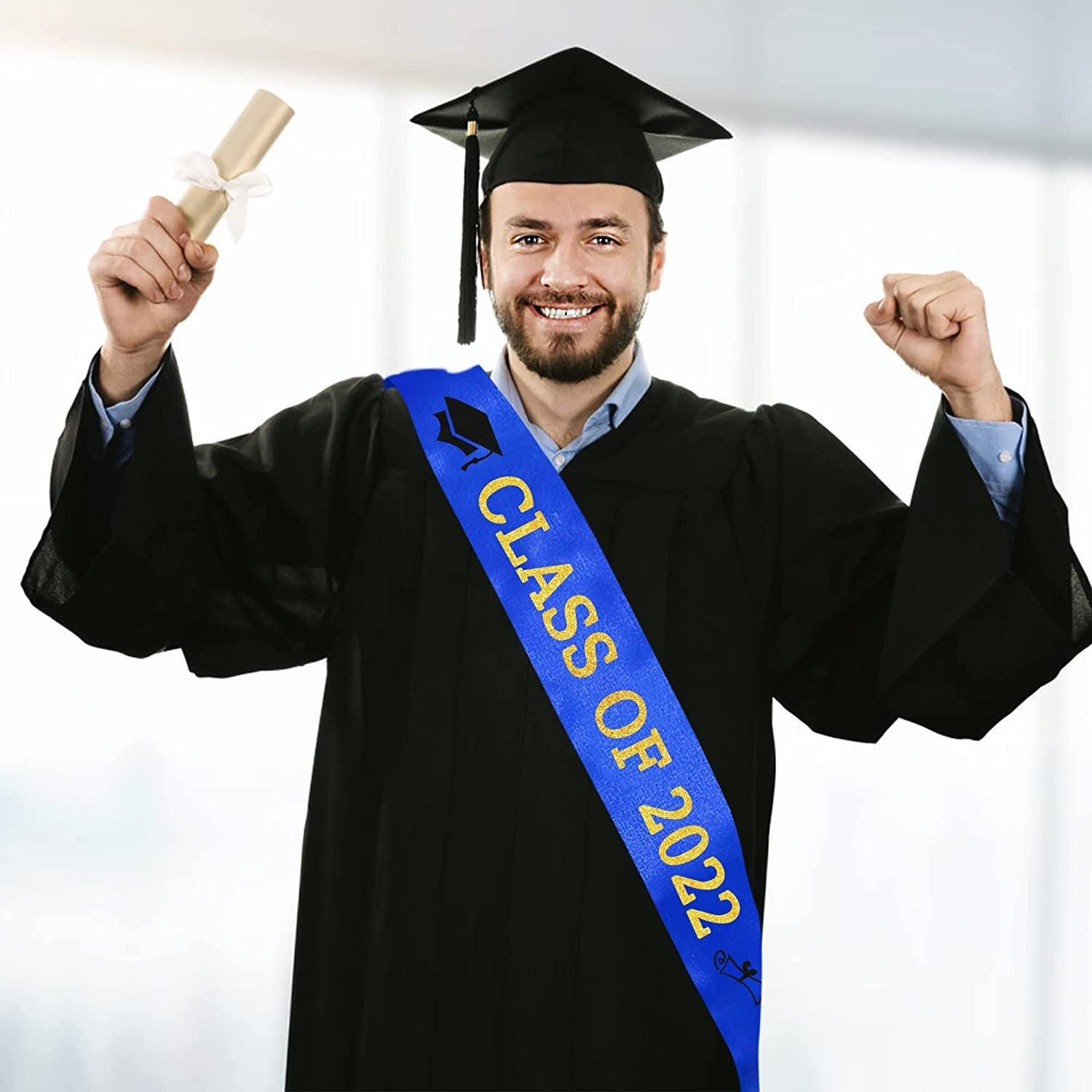 Blue “Class of 2022” Graduation Sash | Gold Glitter Letter Graduate Satin Sash | Funny Graduation Gifts for Boy or Girl| 2022 Graduation Celebration Party Supplies Apparel & Accessories > Clothing Accessories > Sashes Partyprops   