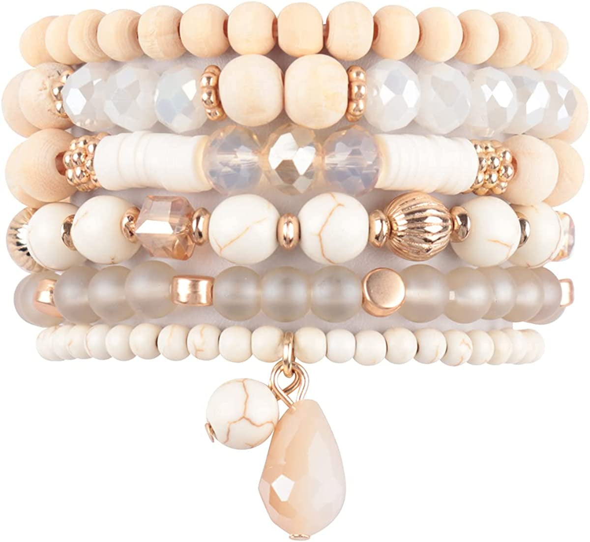 Bohemian Mix Bead Multi Layer Versatile Statement Bracelets - Stackable Beaded Strand Stretch Bangles Sparkly Crystal, Tassel Charm Apparel & Accessories > Jewelry > Bracelets RIAH FASHION Mix Bead Wood Charm Stretch Bracelet Set - Natural  