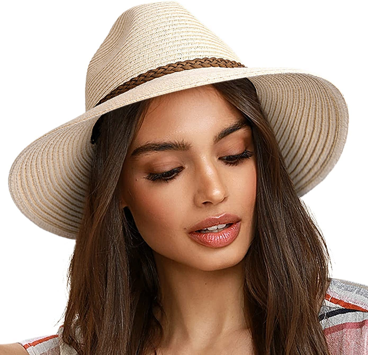 FURTALK Sun Hats for Women Summer Wide Brim UV UPF 50+ Panama Fedora Foldable Packable Straw Beach Hat Ivory Apparel & Accessories > Clothing Accessories > Hats KYLIE MAX Beige With Strap Medium 