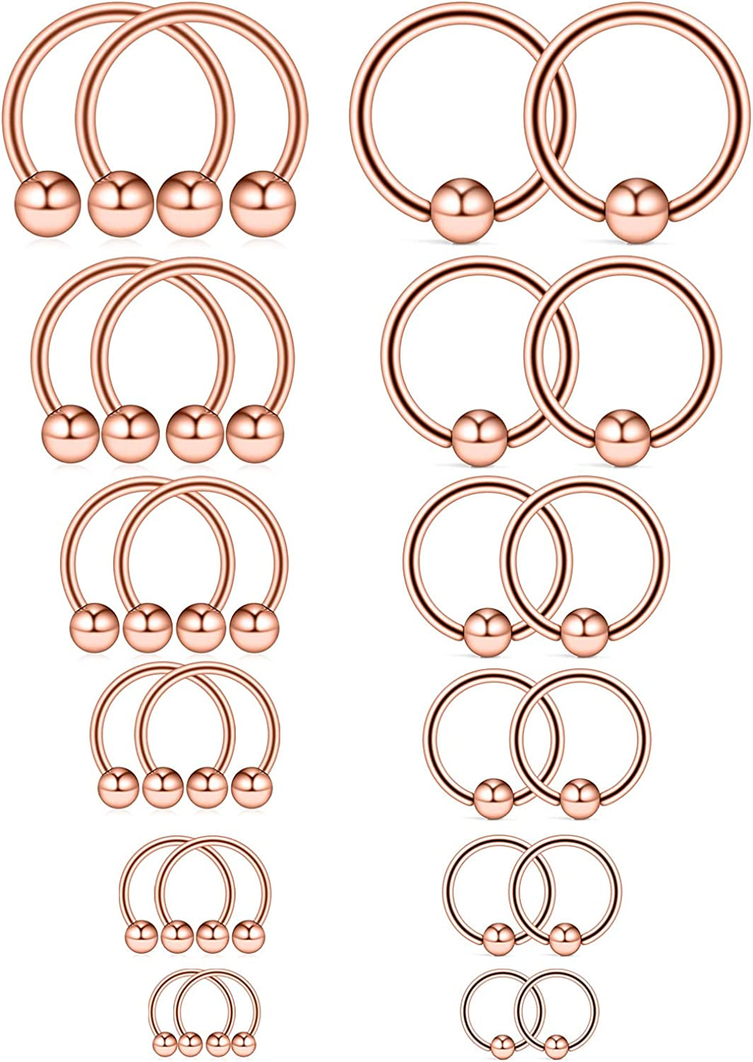 Ruifan 16-24PCS 16G Surgical Steel Horseshoe & Captive Bead Nose Hoop Septum Earring Eyebrow Tongue Lip Nipple Helix Tragus Piercing Jewelry Rings 6-16Mm Apparel & Accessories > Jewelry > Rings Ruifan 24PCS - Rose Gold  