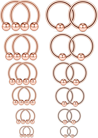 Ruifan 16-24PCS 16G Surgical Steel Horseshoe & Captive Bead Nose Hoop Septum Earring Eyebrow Tongue Lip Nipple Helix Tragus Piercing Jewelry Rings 6-16Mm Apparel & Accessories > Jewelry > Rings Ruifan 24PCS - Rose Gold  
