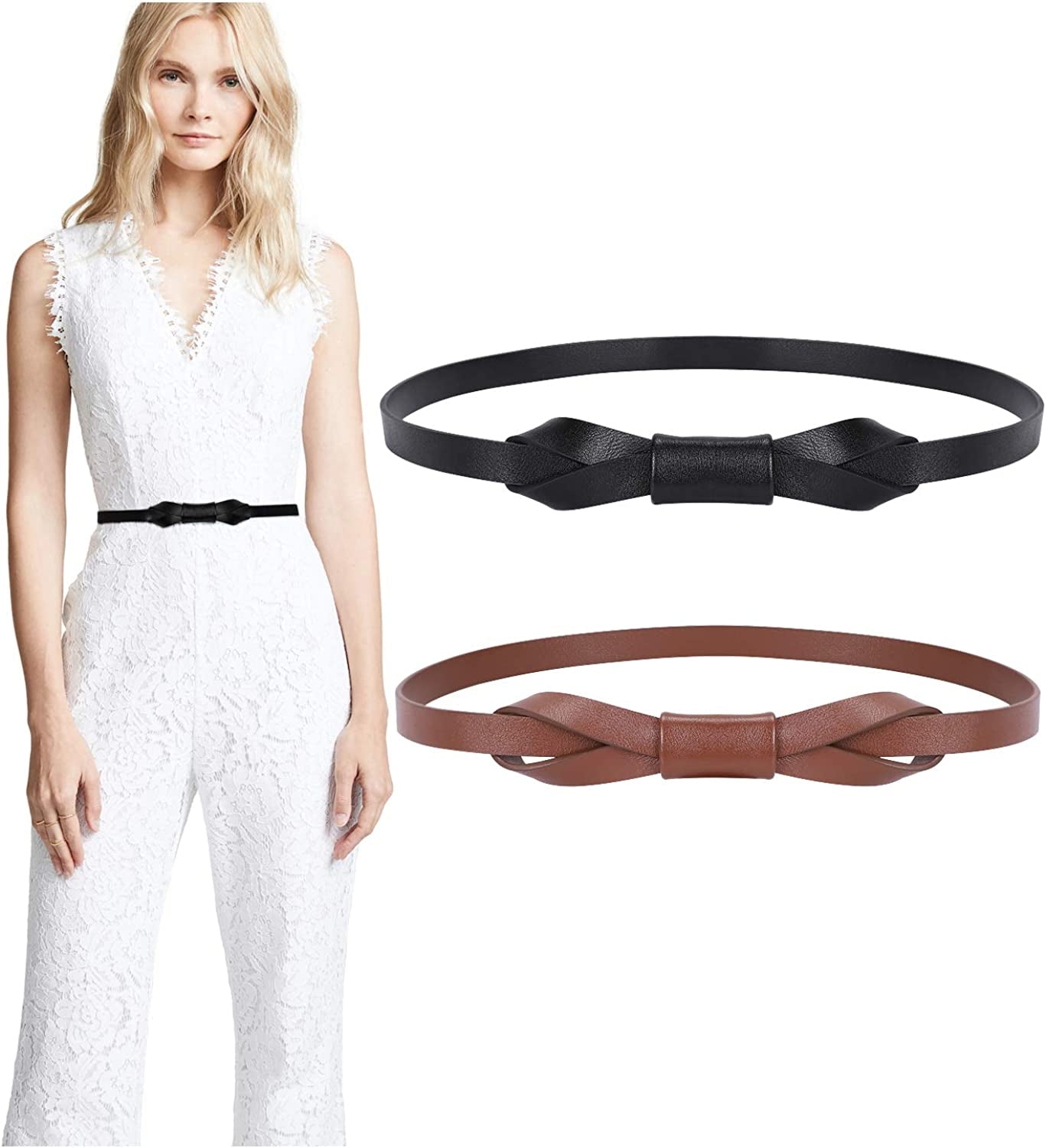 JASGOOD Women PU Leather Skinny Belt for Dress Adjustable Thin Waist Belt for Lady Apparel & Accessories > Clothing Accessories > Belts KYLIE MAX C-black+coffee Suit for waist size 35"-41" 