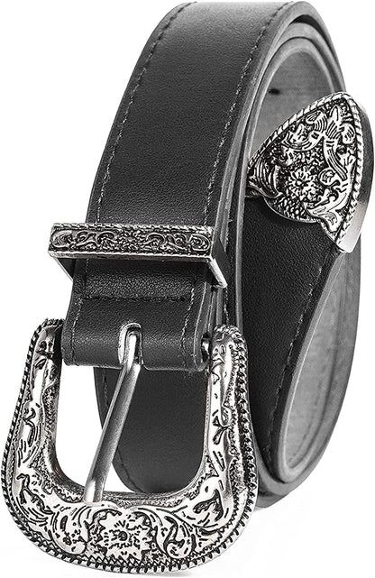 Western-Leather-Belts-Women Vintage Waist-Belts with Hollow Out Flower Buckle Apparel & Accessories > Clothing Accessories > Belts INOGIH   