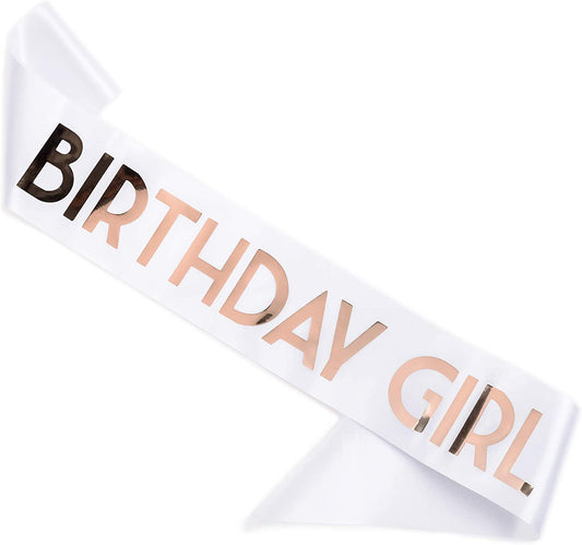 CORRURE 'Birthday Girl' Sash with Rose Gold Foil - Soft Satin White Sash for Women - Happy Birthday Sash for Sweet 16, 18Th 21St 25Th 30Th 40Th 50Th or Any Other Bday Party Apparel & Accessories > Clothing Accessories > Sashes Pego Brands General White-rose Gold  