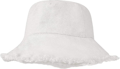 Frayed-Edge-Bucket-Hat-Summer Distressed-Beach-Sun-Hat-For-Women Men Teens Girls- Floppy Wide-Brim Fisherman Cap(Size: 7 1/8) Apparel & Accessories > Clothing Accessories > Hats UTOWO White Medium 
