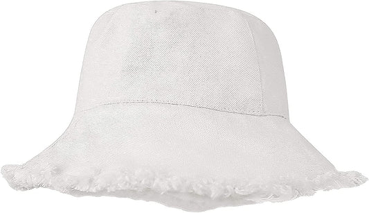 Frayed-Edge-Bucket-Hat-Summer Distressed-Beach-Sun-Hat-For-Women Men Teens Girls- Floppy Wide-Brim Fisherman Cap(Size: 7 1/8) Apparel & Accessories > Clothing Accessories > Hats UTOWO White Medium 