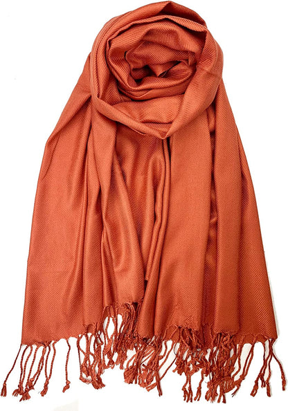Plum Feathers Premium Solid Color and Metallic Fashion Scarf, Womens Pashmina Shawl Wrap with Fringes Apparel & Accessories > Clothing Accessories > Scarves & Shawls Plum Feathers Rust  