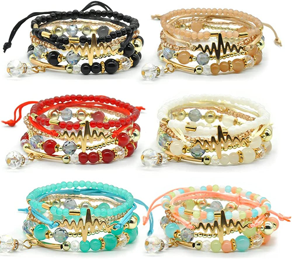 Bohemian Bracelet Sets for Women - 6 Sets Stackable Stretch Bracelets Multi-Color Boho Jewelry for Women Hippie Bracelets Dainty Jewelry Best Friend Gift Apparel & Accessories > Jewelry > Bracelets VONRU Rainbow beaded stackable bracelets  