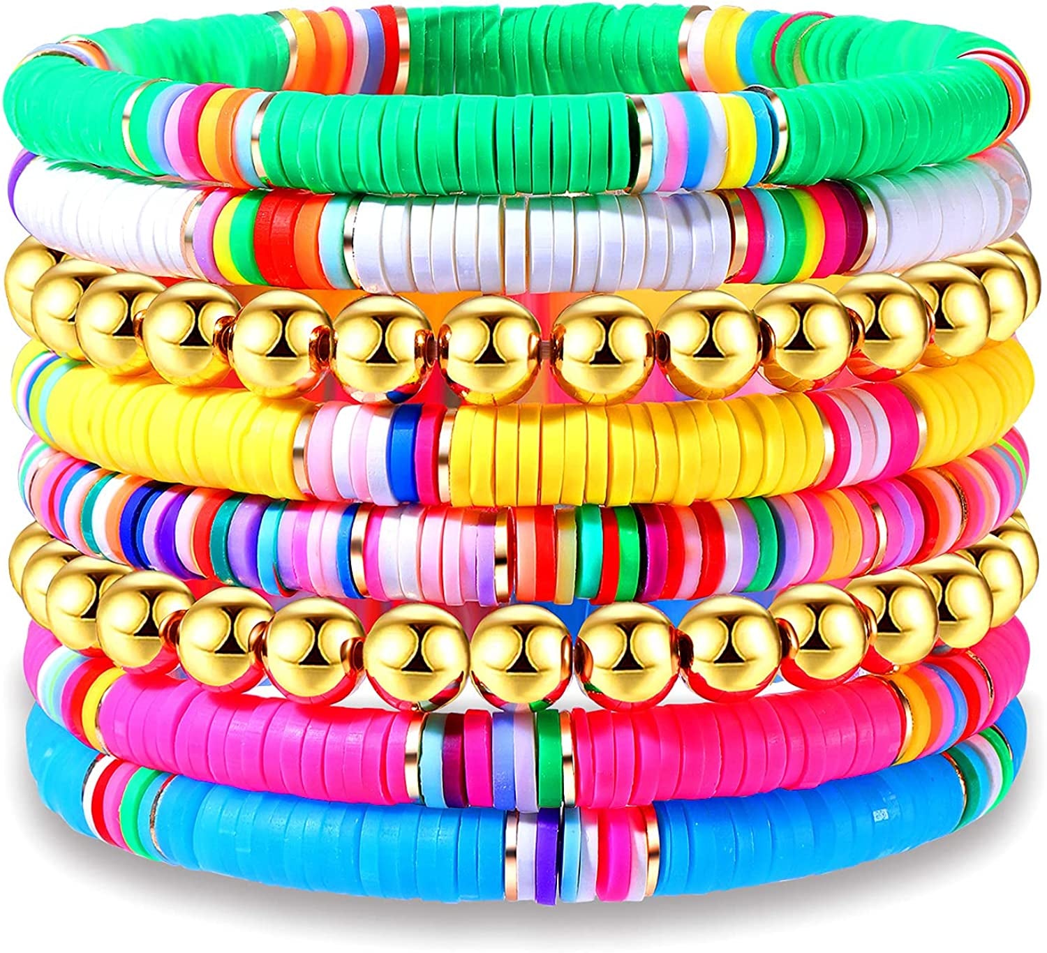 Surfer Heishi Bracelets for Women Stackable Rainbow Vinyl Disc Clay Beaded Stretch Bracelets Elastic Layering Friendship Bracelets Boho Summer Beach Jewelry Apparel & Accessories > Jewelry > Bracelets XOCARTIGE Style D  