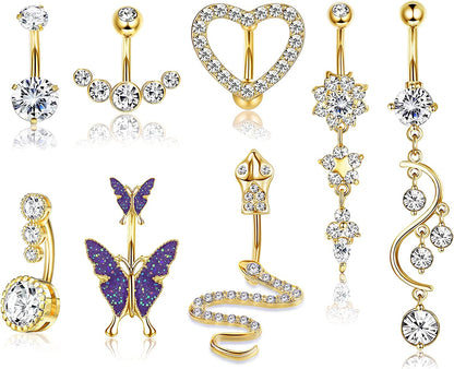 CASSIECA 14G Belly Button Rings Dangle for Women 316L Stainless Steel Snake Heart Shiny CZ Butterfly Navel Belly Rings Barbell Body Piercing Jewelry Apparel & Accessories > Jewelry > Body Jewelry CASSIECA Gold Tone  