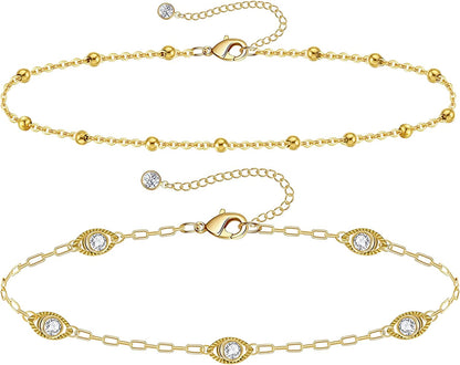 Gold Ankle Bracelets for Women 14K Gold Plated Anklet Silver Tennis Rose Quartz Cross Bead Herringbone Snake Paperclip Chain Cubic Zirconia Dainty Layered Anklet Set 3Pcs Apparel & Accessories > Jewelry > Anklets WeSparking Y-Yellow Gold-Evil Eye  