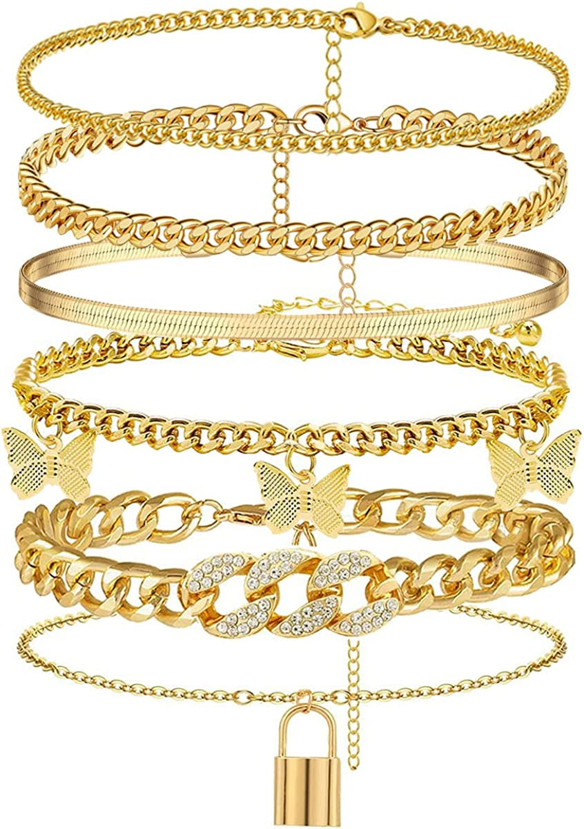 Ronglry 5Pcs Gold Ankle Bracelets for Women Girls Cuban Link Ankle Bracelet Cuban Chain Anklet Butterfly Anklet Set Rhinestone Tennis Anklet Adjustable Layered Link Anklets Summer Beach Gifts Apparel & Accessories > Jewelry > Anklets Ronglry 6pcs  